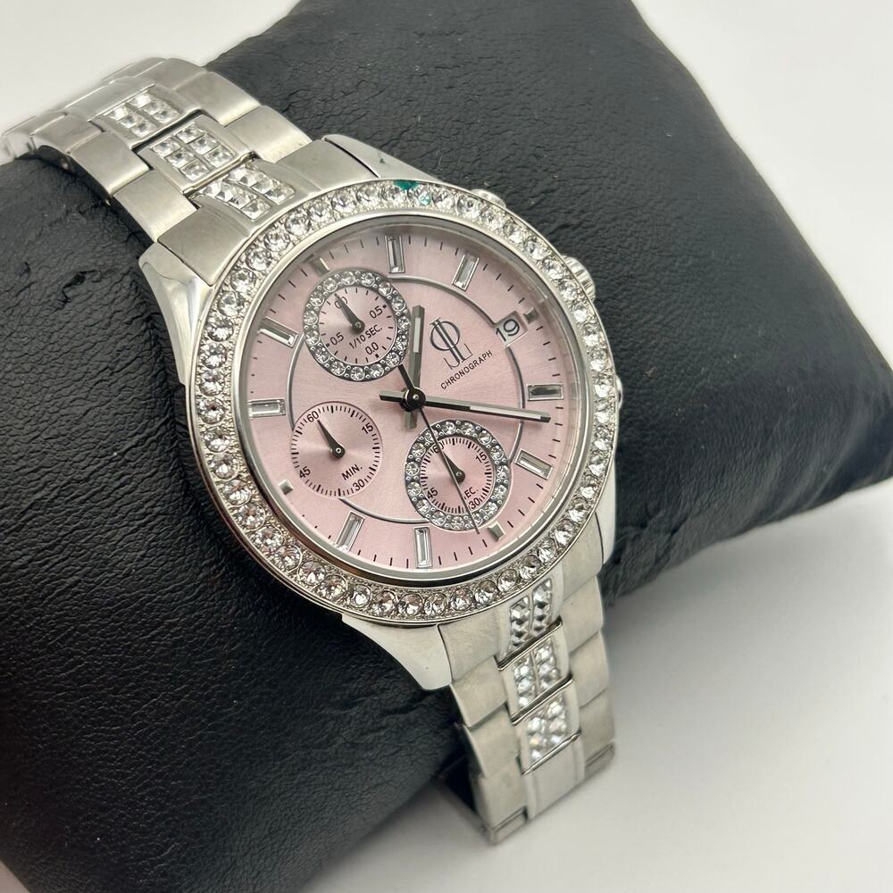 Jennifer Lopez Silver Tone Pink Dial Crystal Accents Women’s Chronograph Watch - Picture 3 of 8